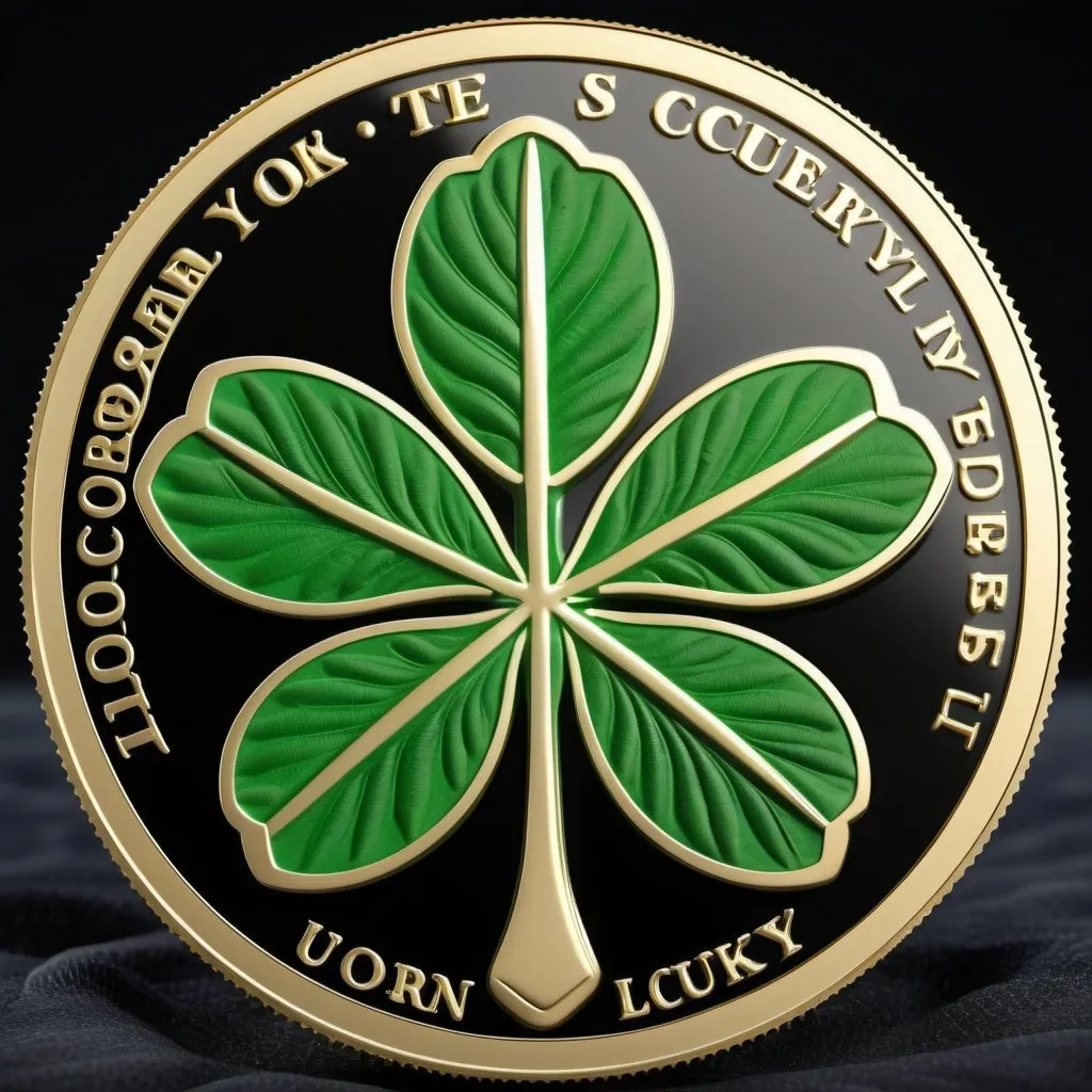 Prompt: a futuristic coin that is shaped like a cloverly but had a care of the rich sticks of a marijuana plant your sleep this corn must have six leaves I wanted to look as realistic as possible it will have the name on the corn would be lucky at the top and then at the bottom it would say In luck  we trust  I wanted to be very unique