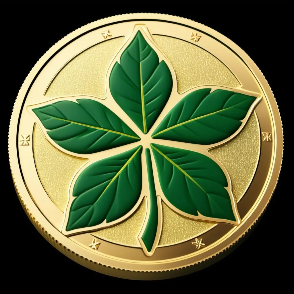 Prompt: a futuristic coin that is shaped like a cloverly but had a care of the rich sticks of a marijuana plant your sleep this corn must have six leaves I wanted to look as realistic as possible it will have the name on the corn would be lucky at the top and then at the bottom it would say In luck  we trust  I wanted to be very unique