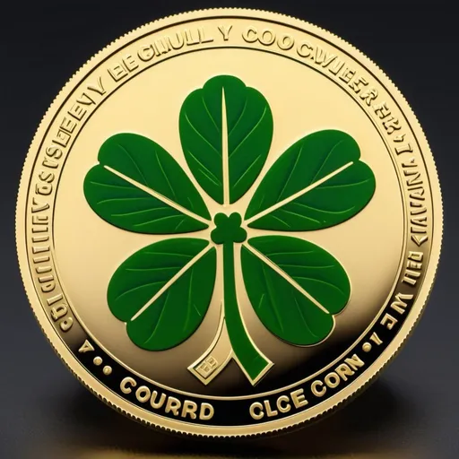 Prompt: a futuristic coin that is shaped like a cloverly but had a care of the rich sticks of a marijuana plant your sleep this corn must have six leaves I wanted to look as realistic as possible it will have the name on the corn would be lucky at the top and then at the bottom it would say In luck  we trust  I wanted to be very unique