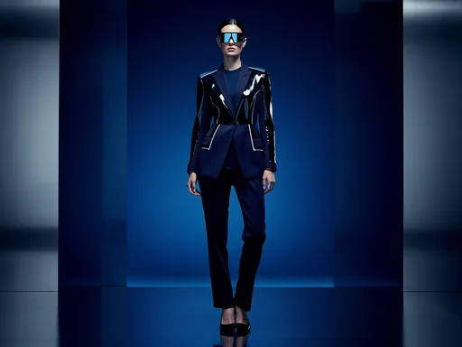Prompt: a woman stands in a cool-toned environment defined by deep blue gradients and reflective surfaces, the space sleek and modern with subtle metallic textures that catch and diffuse light, her outfit structured and minimal in navy and dark blue tones, combining matte and glossy materials to create visual depth, her posture composed and precise, shoulders aligned, head slightly tilted, conveying a sense of control and quiet authority, the lighting crisp and directional, creating clean highlights and controlled shadows that emphasize the geometry of her form, the sunglasses feature a polished dark frame with reflective lenses that mirror the environment in sharp, clean fragments, the reflections cool and precise, enhancing the sense of clarity, her expression calm and distant, almost analytical, the composition balanced and symmetrical, reinforcing stability and control, the background fading into a gradient that suggests depth without distraction, the overall atmosphere controlled, refined, and intentional, high fashion editorial photography, cool lighting, reflective surfaces, minimal composition, sharp focus, clean visual structure, modern aesthetic