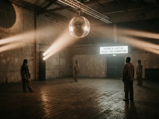 Prompt: OUTPUT 4 — ACTUL IV: MOȘTENIREA ȘI TRANZIȚIA

Ritmul începe să se rarefieze.  
Nu se oprește brusc. Se dizolvă. Pulsul pierde densitate, ca o respirație ce încetinește natural.

Bila de discotecă încetinește.  
Reflexiile devin mai largi, mai moi, mai puțin fragmentate. Multiplicitatea vizuală începe să se contracte.

Corpurile revin gradual la individualitate.  
Sincronizarea colectivă se relaxează. Mișcările devin distincte, dar păstrează memoria ritmului comun.

Spațiul își recapătă stabilitatea arhitecturală.  
Pereții reapar ca structuri fixe. Lumina nu mai rescrie realitatea. O subliniază discret.

Bila rămâne prezentă.  
Nu dispare. Nu se stinge. Continuă să reflecte o lumină calmă, ca o conștiință a moștenirii culturale.

Actul IV stabilește concluzia transformării:  
Disco-ul nu moare. Se transformă.

„Ultima bilă de discotecă” devine simbolul continuității istorice.  
Nu final. Tranziție.

Spațiul rămâne încărcat de memorie.  
Ritmul rămâne latent în percepție.

Filmul se încheie fără explozie.  
Doar cu persistența unei stări:

Comunitatea ca ecou permanent al ritmului.
