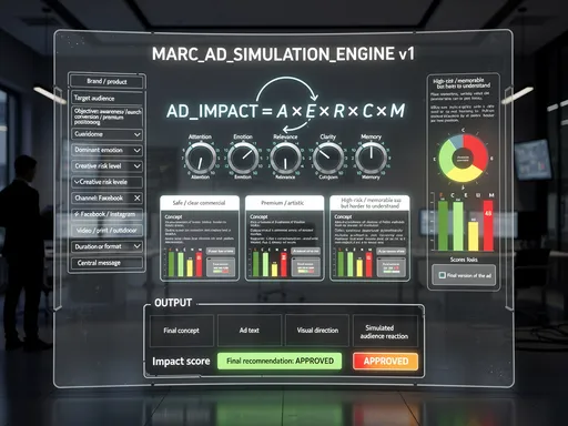 Prompt: MARC_AD_SIMULATION_ENGINE v1

SCOP:
Construiește reclame prin simulare matematică a atenției, emoției, dorinței, deciziei și memoriei.

INPUT:
- Brand / produs
- Public țintă
- Obiectiv: awareness / lansare / conversie / poziționare premium
- Emoție dominantă
- Nivel de risc creativ
- Canal: Facebook / Instagram / video / print / outdoor
- Durată sau format
- Stil vizual
- Mesaj central

MODEL:
AD_IMPACT = A × E × R × C × M

A = Attention / Atenție
E = Emotion / Emoție
R = Relevance / Relevanță
C = Clarity / Claritate
M = Memory / Memorabilitate

REGULĂ:
Dacă una dintre variabile este sub prag, reclama trebuie recalibrată.

SIMULARE:
Rulează 3 scenarii:
1. Safe / comercial clar
2. Premium / artistic
3. High-risk / memorabil, dar mai greu de înțeles

PENTRU FIECARE SCENARIU:
- descrie conceptul
- estimează reacția publicului
- identifică riscurile
- propune ajustări
- dă scor A/E/R/C/M de la 1 la 10
- generează versiunea finală a reclamei

OUTPUT:
- Concept final
- Text reclamă
- Direcție vizuală
- Simulare reacție public
- Scor de impact
- Recomandare finală