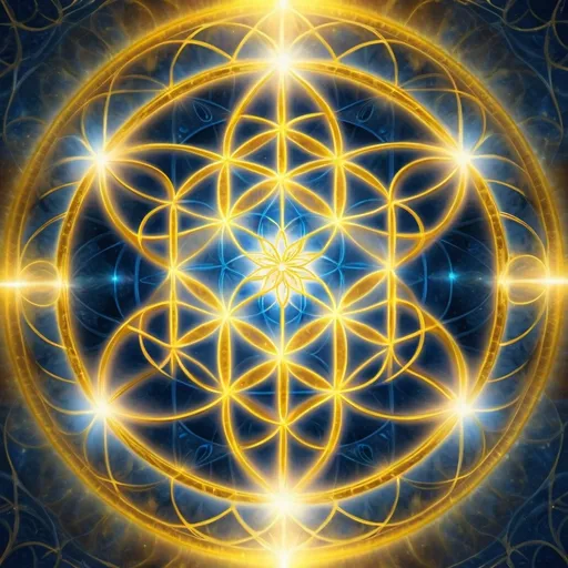 Prompt: accurately spelled text "ARE YOU ALIVE", 5 times, vertically arranged, glowing flower of life symbol background, enchanting luminescence, ethereal light halo, mystical ambiance, harmonious yellow and blue colors blending softly, immersive depth, high quality, ultra-detailed, vibrant illumination showcasing the flower's intricate design.