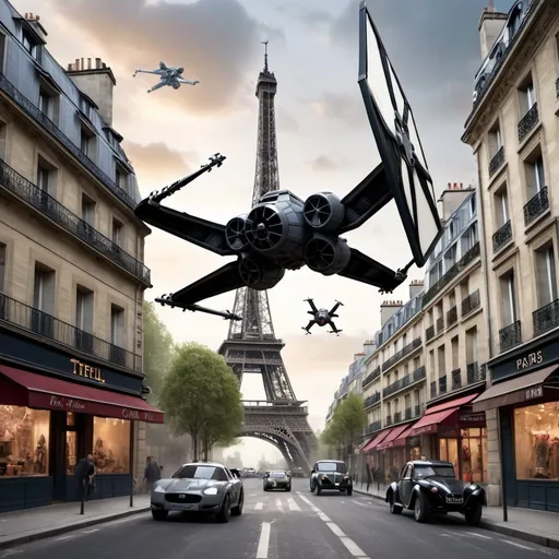 Prompt: Create a scene depicting a thrilling chase between a TIE fighter and an X-wing through the streets of Paris. Incorporate landmarks such as the Eiffel Tower and Notre-Dame Cathedral, with the TIE fighter narrowly maneuvering through the city's iconic architecture.