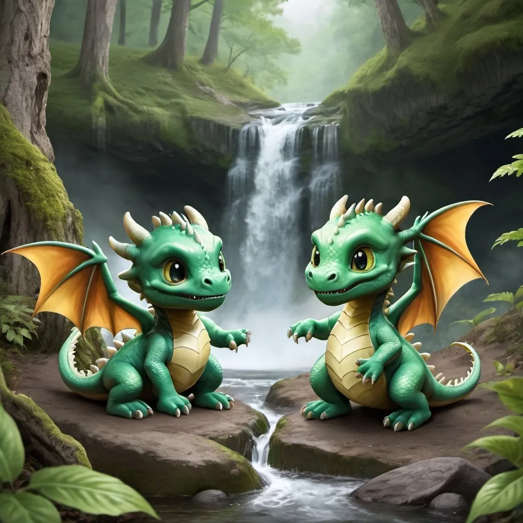 Prompt: 2 baby dragons playing in a forest near waterfall