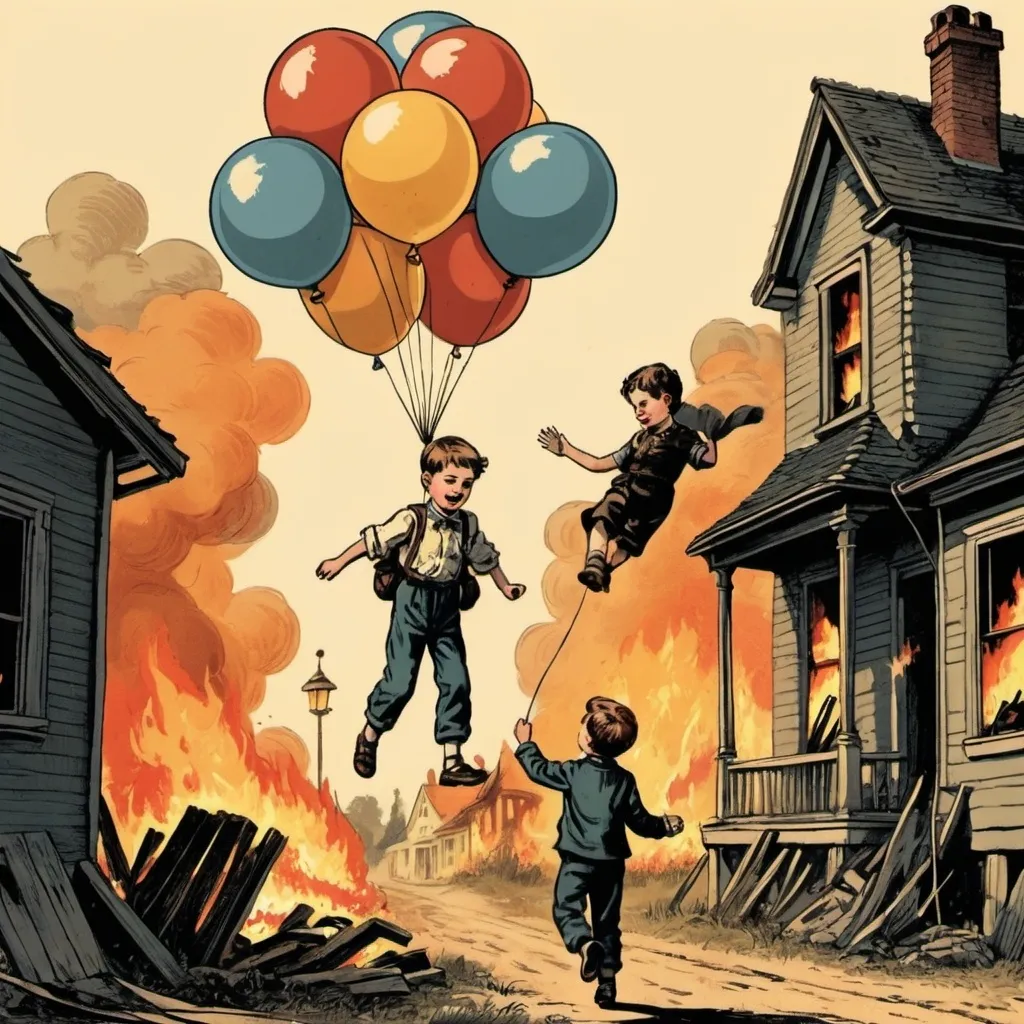 Prompt: A boy is being carried away by a balloon. His house is on fire. The art style is very old and vintage. Illustrated 

