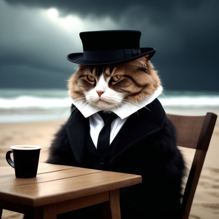 Fat sad cat, beach, stormy atmosphere, dim lighting,...