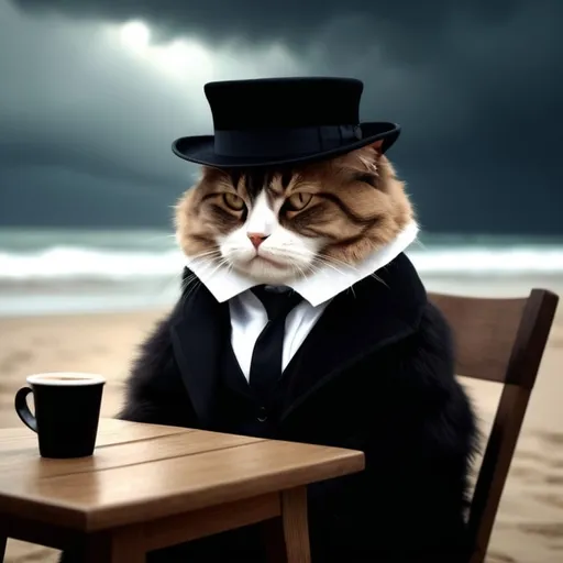 Prompt: Fat sad cat, beach, stormy atmosphere, dim lighting, black hat, black tie, wooden chair, high quality, detailed, realistic, moody lighting, somber vibe, realistic fur texture, emotional, cozy atmosphere, deadpan face expression, coffee, windy, melancholic, detailed eyes, atmospheric lighting, tribute to Caravaggio 