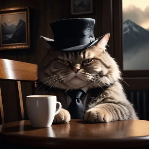 Prompt: Fat sad cat, mountain, stormy atmosphere, dim lighting, black hat, black tie, wooden chair, high quality, detailed, realistic, moody lighting, somber vibe, realistic fur texture, emotional, cozy atmosphere, deadpan face expression, coffee, windy, melancholic, detailed eyes, atmospheric lighting