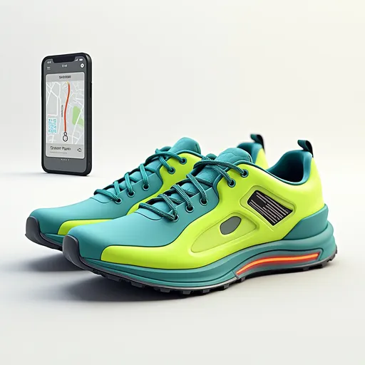 Prompt: Sleek, futuristic trainer in vibrant colors (e.g., neon green, electric blue, sunset orange)

Smart features: QR code on heel, mini LED display, solar panels on the side

App interface mockup next to the shoe (showing route map, steps, battery level)
