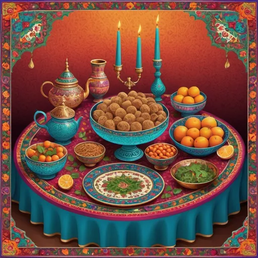 Prompt: Postcard-style digital illustration of a traditional 'Haft-seen' table setting, vibrant and rich colors, detailed Persian motifs, festive atmosphere, high quality, detailed illustration, Persian tradition, colorful, celebratory, postcard-style, digital art, traditional setting, vibrant colors, detailed motifs, festive atmosphere