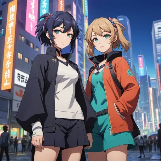 Prompt: Furina and Emu Otori meeting in a vibrant anime cityscape, detailed character designs, colorful and dynamic, high-quality, anime style, futuristic setting, urban city lights, Genshin Impact, Project Sekai, detailed outfits, detailed facial features, intense and expressive eyes, vibrant color palette, professional lighting