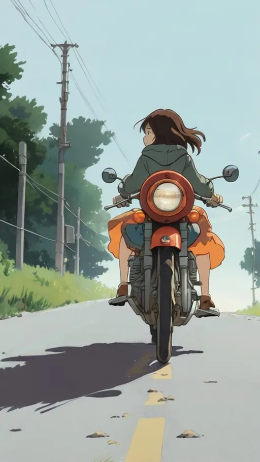 Prompt: 2d studio ghibli anime style, girl on motorcycle, anime scene