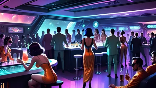 Prompt: a dozen men and women dressed in various space themed costumes and lounge wear, DJ playing to a dancefloor in the foreground whilst several people hanging at a cocktail bar being served drinks in the background, dance and cocktail party, science-fiction, cyberpunk anime, 
pulp style
