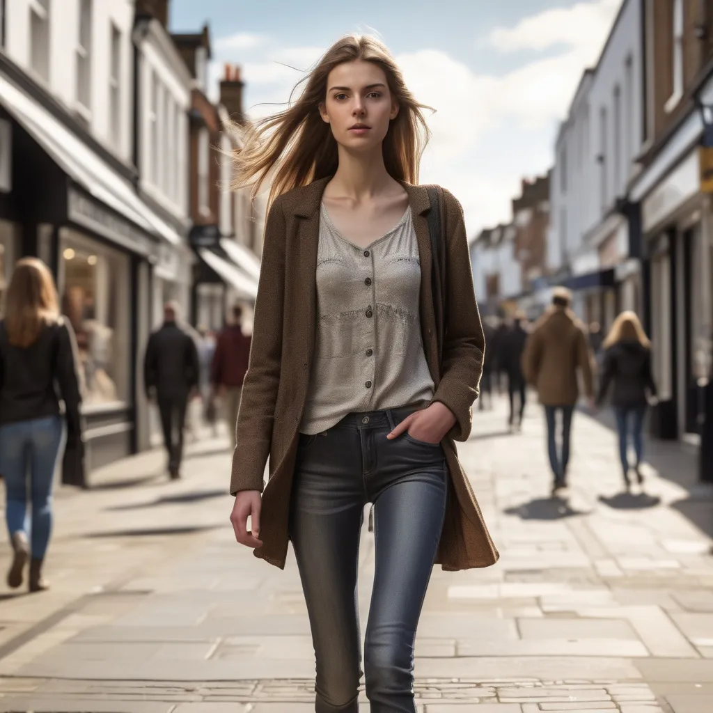 Prompt: Tall young woman walking down the high street, detailed clothing, realistic, natural lighting