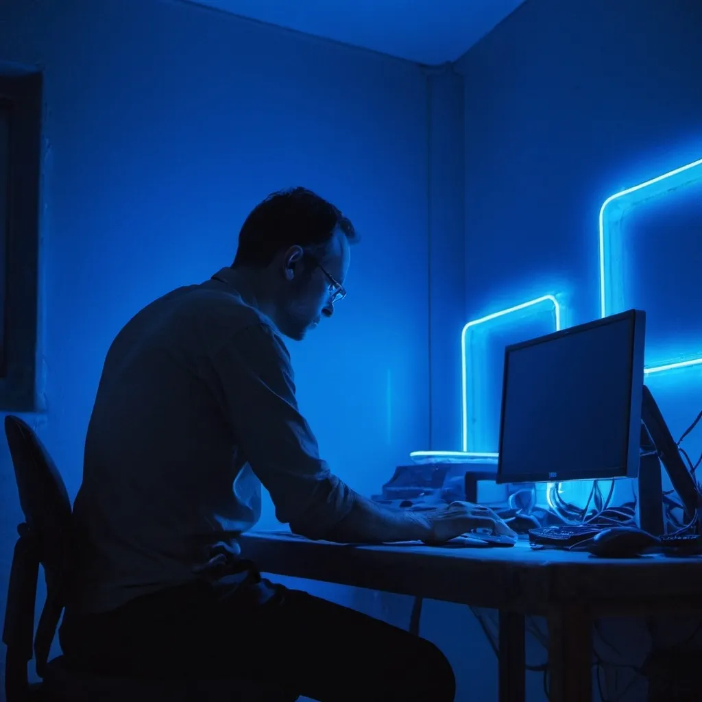 Prompt: a man in a room working on the computer, with a blue neon light in the background.