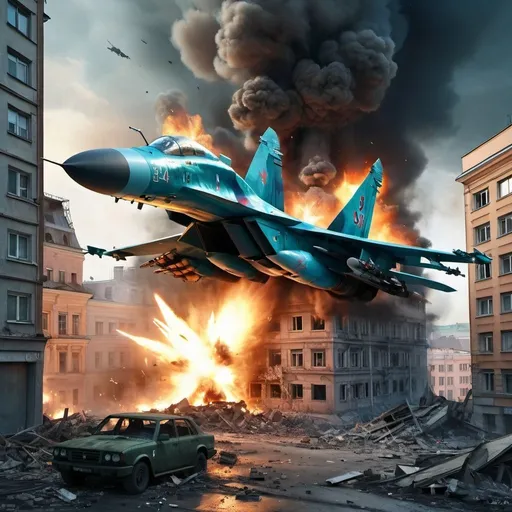 Prompt: Russian Su-34 bombing a building in Kiev, realistic digital art, detailed aircraft and cityscape, intense action, high quality, realistic, dramatic lighting, warzone, modern warfare, detailed explosions, military aircraft, urban destruction, city lights, intense atmosphere