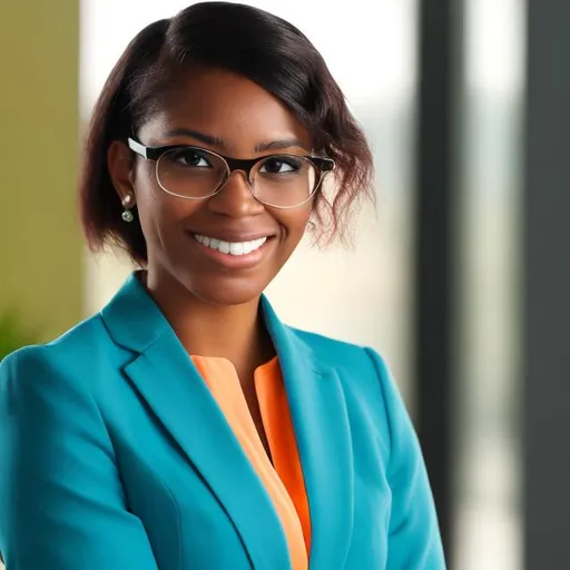 Prompt: Caribbean financial professional female in her mid 20s. Black hair, teal and orange suit,glasses, 