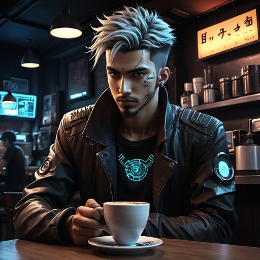 Prompt: Anime cyberpunk style, man in coffee shop, highly detailed, HD, dark background