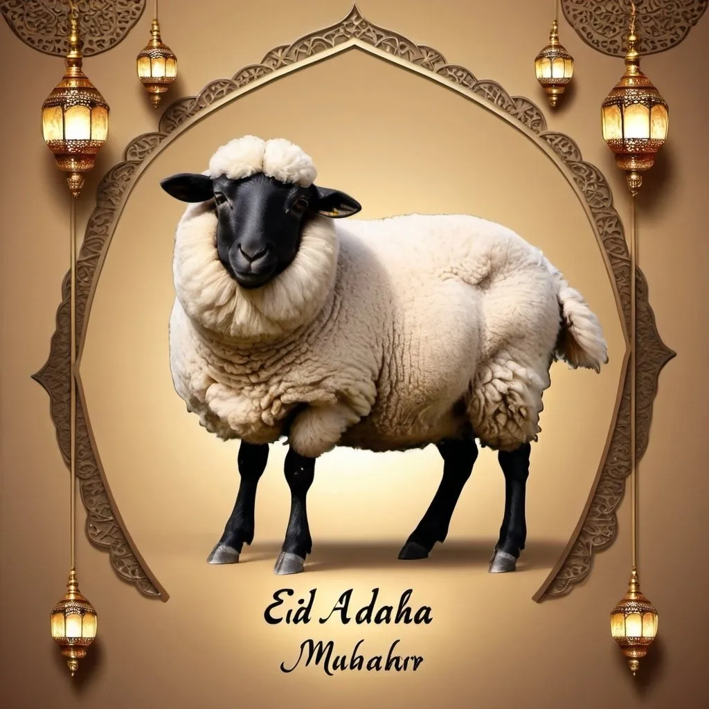 Prompt: Could you please design a greeting for Eid al-Adha that includes Arabic, English, and Turkish? At the bottom, please add my name under the pecture Manar Ali 
"I would like something exceptional. Please include a picture of a dancing sheep or something similar i need something new and funny write in the photo eid adha mubarak and write my name (manar ali)