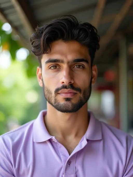 Prompt: A young man with dark hair and a beard gazes directly into the camera, his serious expression contrasting with the relaxed setting around him. He is wearing a light purple polo shirt and appears to be outdoors, as suggested by the green foliage softly blurred in the background and the bright daylight illuminating his face. The roof above him has a corrugated texture, indicative of a casual outdoor location, possibly a café or market area. The photo captures a moment that feels candid and introspective, with the subtle lines of his face hinting at thoughtfulness in this everyday environment.