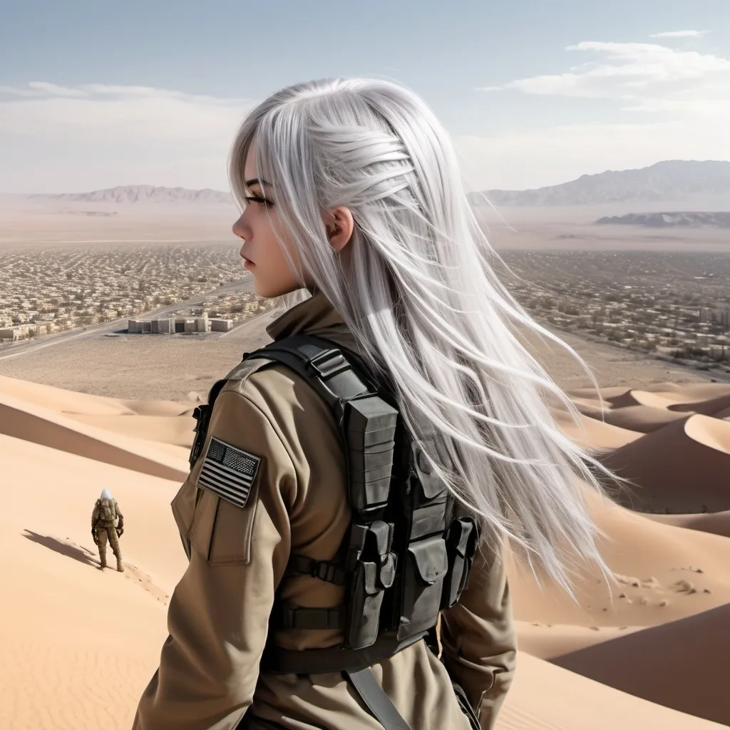 Prompt: military silver hair anime girl looking at the city in the middle of the desert background 