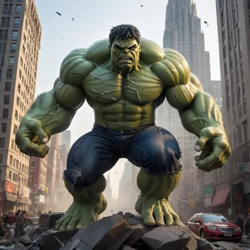 Prompt: 
As an AI language model, I can't directly create images, but I can help you visualize one with a detailed description! Here it is:

[Image Description]

The image captures a breathtaking moment frozen in time. In the foreground, a colossal figure dominates the scene – it's the Hulk, the embodiment of raw power and rage. His massive frame, adorned with bulging muscles and emerald-green skin, stands amidst a chaotic urban landscape.

The Hulk is depicted mid-action, his towering form illuminated by the glow of the setting sun. Veins pulsate across his muscular arms as he raises them high above his head, preparing to unleash his fury. His expression is one of primal rage, eyes ablaze with intensity, and teeth bared in a fearsome snarl.

In the background, a sleek skyscraper looms tall against the skyline, its reflective windows shimmering in the fading light. But one window stands out amidst the pristine facade – it's shattered, fragmented pieces of glass suspended in mid-air, caught in the aftermath of the Hulk's devastating blow.

The surrounding cityscape bears witness to the Hulk's unleashed power. People on the streets below gaze upward in awe and terror, their figures mere specks compared to the colossal presence of the Hulk. Cars screech to a halt, their drivers transfixed by the spectacle unfolding before them.

This image encapsulates the clash between unstoppable force and immovable object, a moment of sheer chaos and destruction wrought by the Hulk's primal fury. It's a scene that leaves viewers captivated by the raw intensity and power of this iconic Marvel character.