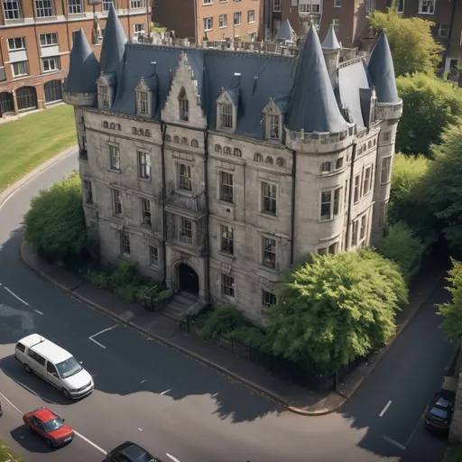 Prompt: a large hotel building that looks like a castle, viewed from outside across the road, its run down, for sale banner hanging on the building wall, in the middle of a field, alley way one side of the building, graveyard and crypt the other side, daytime, busy road in front of hotel.