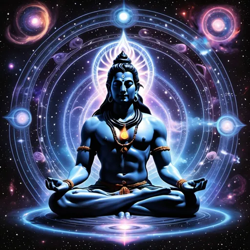 Prompt: "A dark -gothic cosmic representation of  Transparent Lord Shiva meditating in the center of the universe, surrounded by swirling galaxies and nebulae. His third eye is glowing, radiating energy that connects the entire universe in a web of light. Kundalini energy rises from his spine 