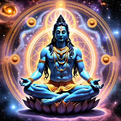 Prompt: "A divine and cosmic representation of  Transparent Lord Shiva meditating in the center of the universe, surrounded by swirling galaxies and nebulae. His third eye is glowing, radiating energy that connects the entire universe in a web of light. Kundalini energy rises from his spine as a golden serpent, coiling upwards through a luminous chakra system. The cosmic dance of creation and destruction is illustrated in the swirling cosmic forces around him. His serene face exudes calm and strength. Stars, planets, and cosmic elements pulse with divine energy, with vibrant blues, purples, and golds illuminating the scene. The infinite nature of the universe and the powerful energy of Kundalini are captured in a mystical, ethereal style, with high levels of detail, radiating a sense of peace, power, and cosmic balance,in this process whole universe is within him."