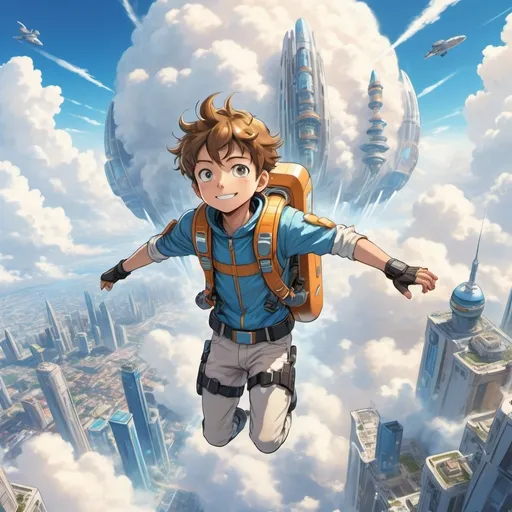 Prompt: young anime boy with a Jetpack flying over a cloud city