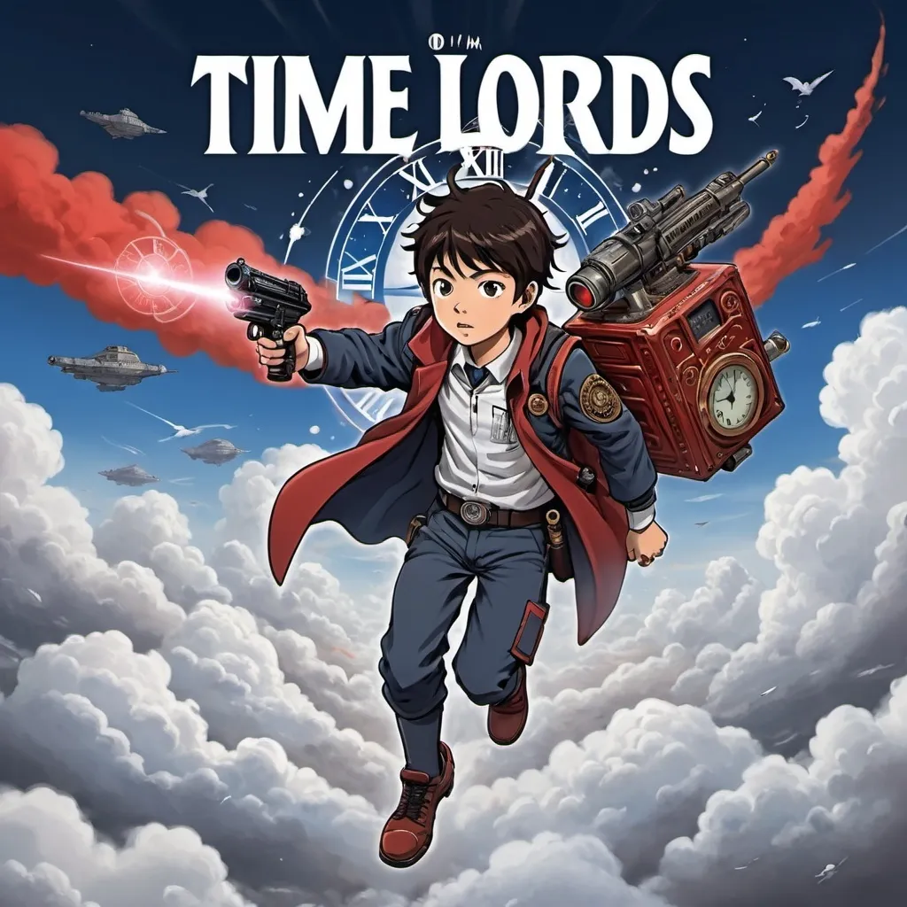 Prompt: young Japanese boy flying over clouds, a clock buried in clouds , laser rifle in hand, a logo of words Time Lords is written on top of the page I'm red. anime style rendered.