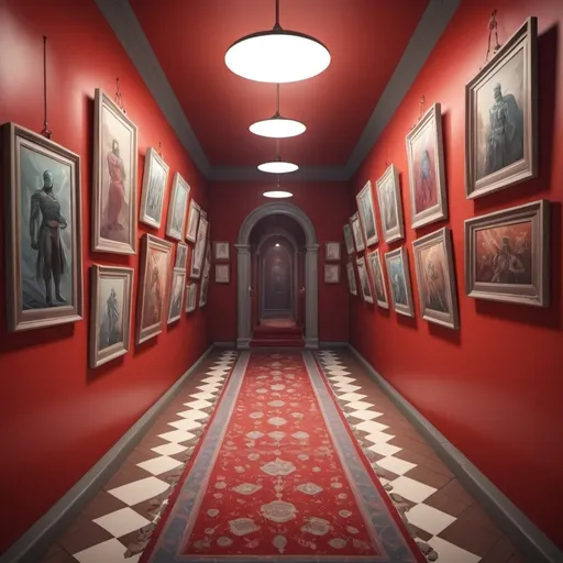 Prompt: isometric ancient hallway room with lots of paintings and posters on the walls,red carpet on floor