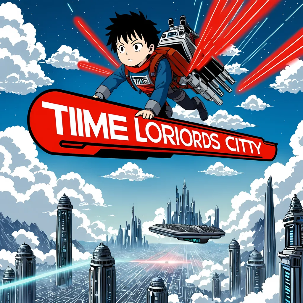 Prompt: young anime boy with a Jetpack and laser rifle flying over a cloud city, a logo of words "Time Lords" appears on top of the image in red. 