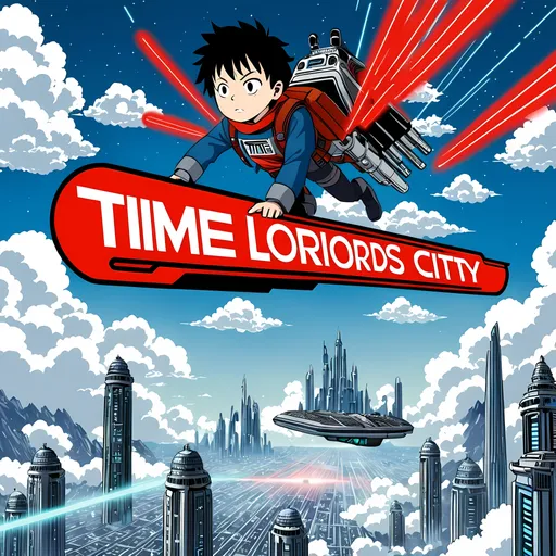 Prompt: young anime boy with a Jetpack and laser rifle flying over a cloud city, a logo of words "Time Lords" appears on top of the image in red. 