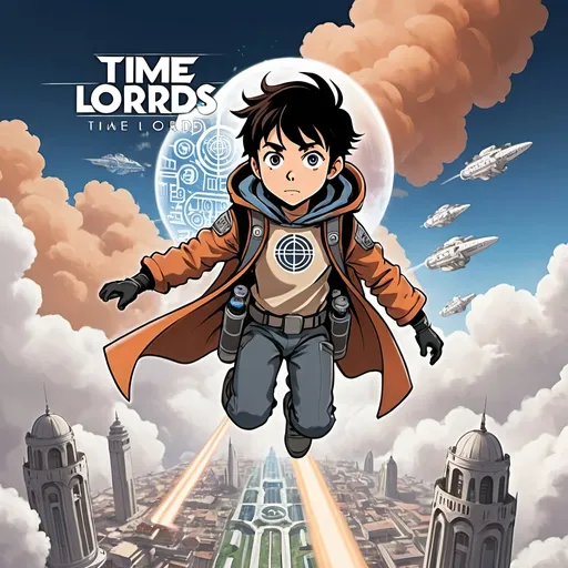 Prompt: young anime boy with a Jetpack flying over a cloud city, a logo of words Time Lords appears on top of the image 