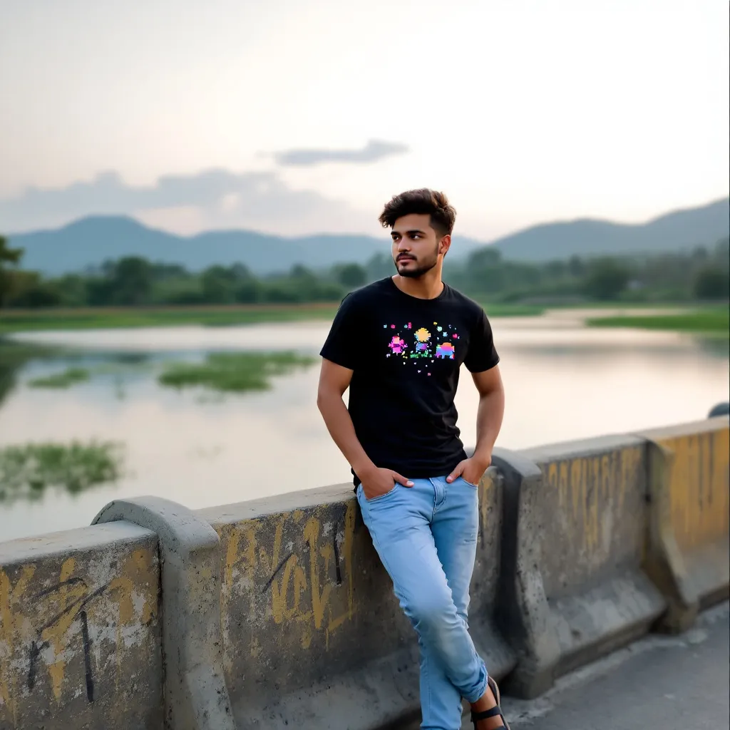 Prompt: A young man leans casually against a railing by a riverbank, exuding a relaxed demeanor as he gazes thoughtfully into the distance. He sports a black t-shirt adorned with pixel art and light blue jeans, complemented by casual sandals, capturing a laid-back style. The scene is set during twilight, where the soft hues of the sky transition from warm tones to cooler blues, reflecting on the calm water behind him. The background offers a glimpse of a serene landscape with gentle hills and distant greenery, while the foreground features a weathered barrier marked by streaks of yellow and black paint, adding a touch of urban detail. This image conveys a sense of tranquility and contemplation, inviting viewers to pause and take in the beauty of the moment.