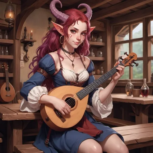 Prompt: anime portrait of a very pretty young tiefling girl bard, red skin and shoulder-length violet hair, sitting on a tavern table holding her lyre, about to play a song