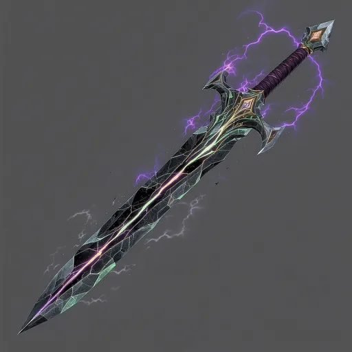 Prompt: Obsidian-Lava Design – Forgeblade Variant
Core Look

Base Material: Jet-black obsidian, but not brittle — reforged as an unbreakable titan-obsidian. It has a smooth, mirror-like surface that drinks in light.

Cracks/Veins: Jagged lava fissures run across the blade in irregular lines. Instead of normal orange magma, they glow with a shifting purple-green fire, like toxic lava mixed with aurora.

Flow Effect: The glowing veins move slowly, like liquid coursing beneath glass — alive, restless.

Outline Aura: A faint haze of purple-green steam/fog rises from the cracks, giving it an otherworldly, poisonous feel.

Blade Shape

Sword Form:

Long, brutal greatsword (two-handed).

Blade edges serrated in places, like broken volcanic glass.

Point tapers to a jagged, spear-like tip.

Guard: The cross-guard is shaped like two molten shards curving outward, dripping faint embers.

Hilt: Wrapped in dark steel chain that glows faintly where the lava veins touch it.

Pommel: A small shard of crystallized lava-heart — flickers purple-green like a dying star.

Special Visual Effects

When drawn, the veins brighten, flowing like molten rivers.

When it strikes the ground, cracks spread outward, glowing the same purple-green — then minions form out of that material.

The blade hums with a low volcanic rumble when swung, like pressure building under a volcano.

In darkness, it looks like a silhouette with glowing veins, almost like a blade forged in hellfire but tainted with alien energy.

Minion Design (from this weapon)

Instead of normal stone golems → Obsidian Golems with glowing cracks, leaking purple-green lava.

Their insides are molten, visible through fissures, giving them a half-transparent “lava-core” glow.

They’re jagged and sharp, like walking shards of volcanic glass, with lava dripping from their bodies.

💡 To visualize it:
Think of a massive obsidian greatsword, cracked open like cooled volcanic rock, with rivers of toxic purple-green lava pulsing inside — alive, unstable, but never breaking.
