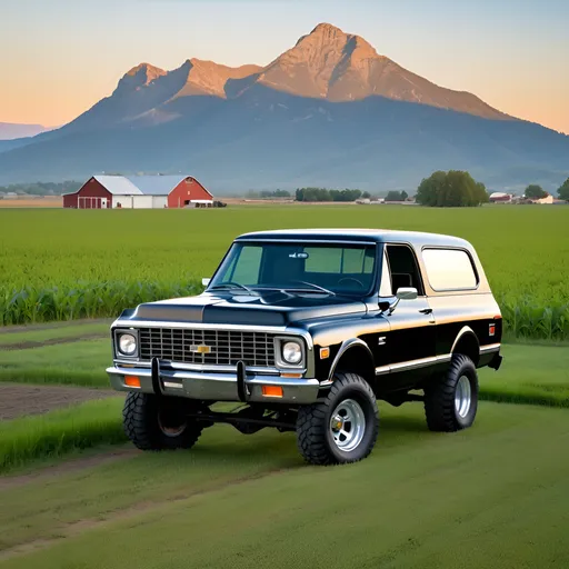 Prompt: Black 1972 chevy K5 Blazer in a farm field with a mountain background.