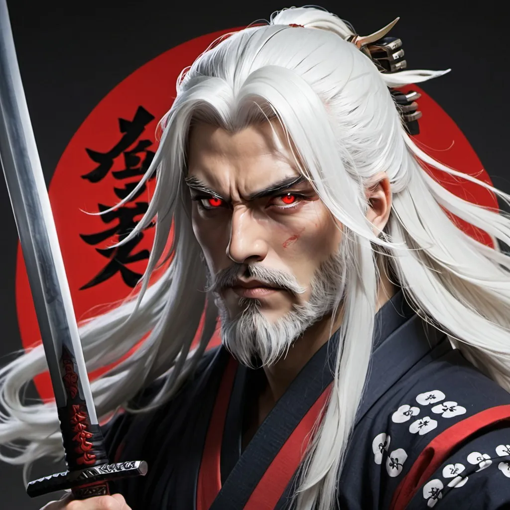 Prompt: Long hair, white hair, red eyes, samurai, bearded, sword, Sharp features