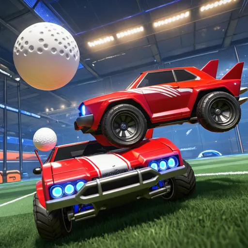 Prompt: A red octane rocket league car that have a white golf ball on its head and another red dominoes rocket league car about to hit it from the back