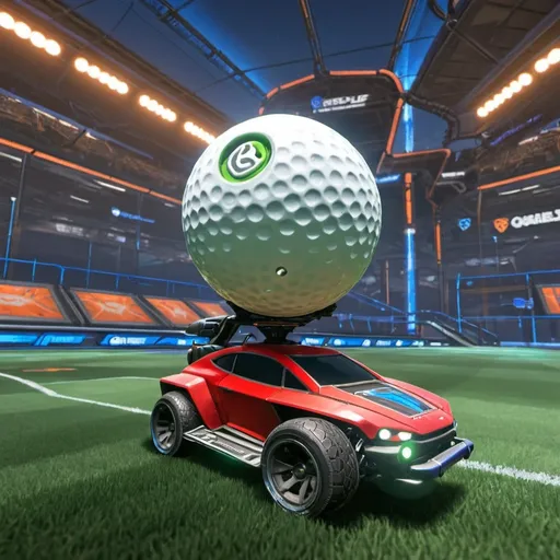 Prompt: A red octane rocket league car that have a golf ball bouncing on its head 