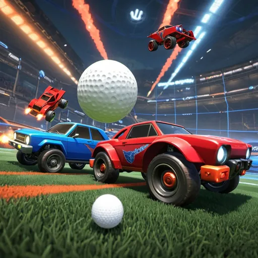 Prompt: A red octane rocket league car that have a white golf ball on its head and another one red dominoes rocket league car about to hit it 