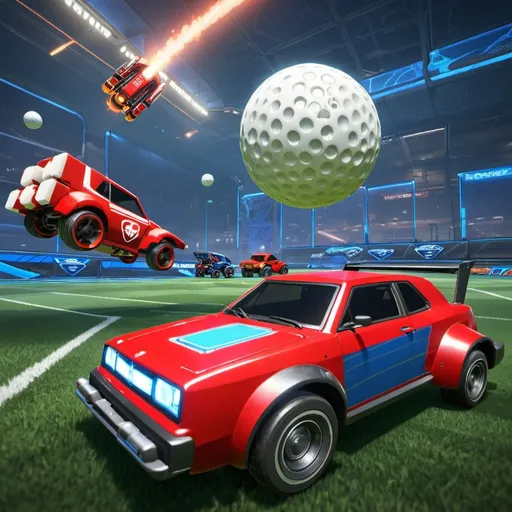 Prompt: A red octane rocket league car that have a white golf ball on its head and another red dominoes rocket league car about to hit it from the back