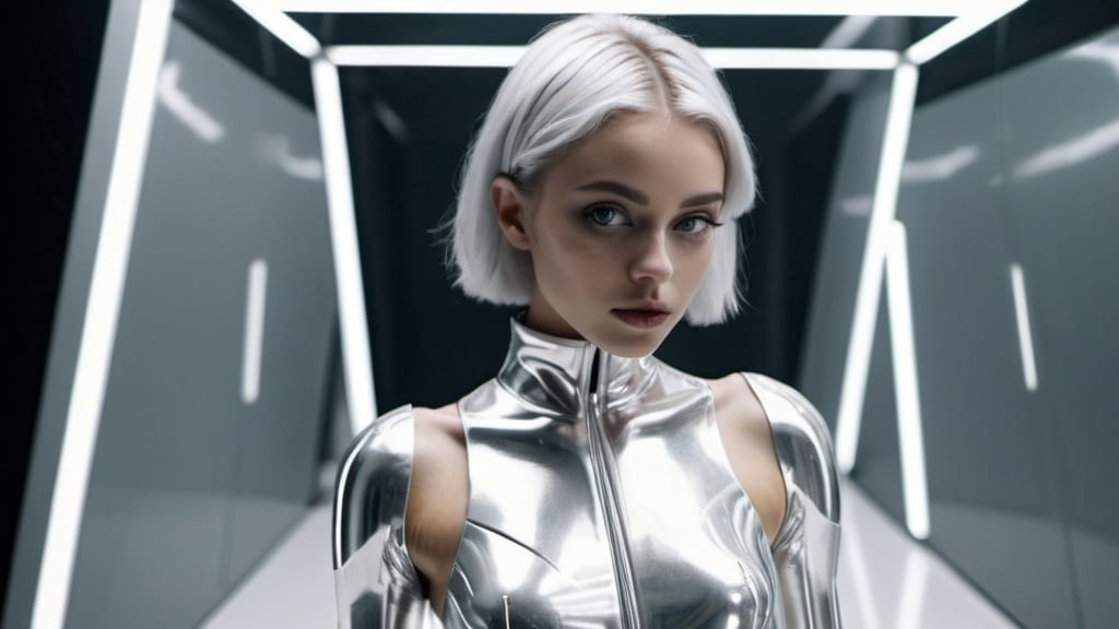 Prompt: futuristic girl wearing a silver suit, in the style of neurocore, kodak vision3, technology-based art, clear colors, made of plastic, exacting precision, iconic --v 6.0