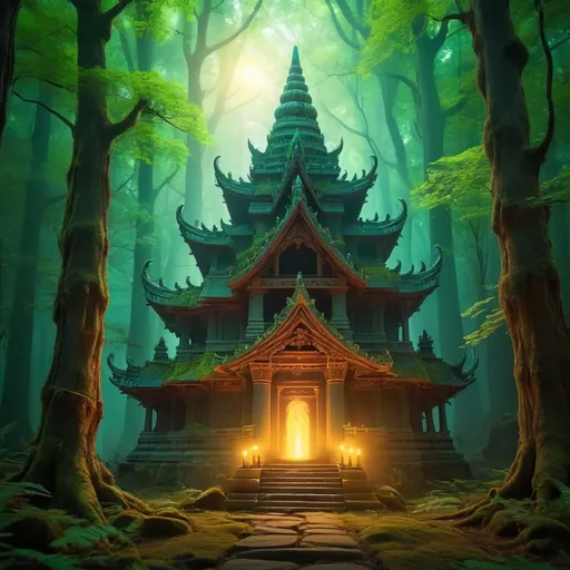 Prompt: Temple in a mystical glowing forest around