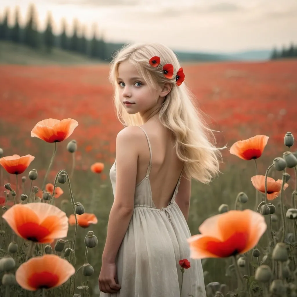 Prompt: a little blonde fairy stands with her back in a field full of wolf poppies