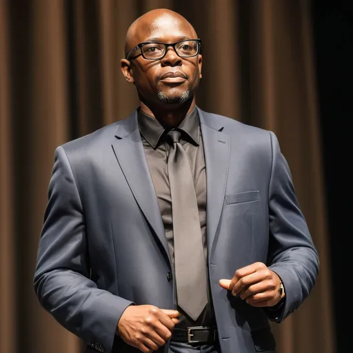 Prompt: Picture an African American man in a black pant suit, perhaps wearing jeans trousers and glasses and standing confidently in front of a screen. Walking down the stage