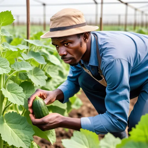 Prompt: Picture an African Farmer on a Cucumber Farm examining his juicy and fresh green cucumber farm. Explaining to how to plant cucumber